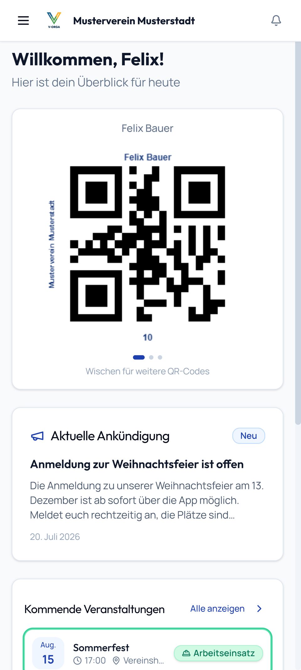 Startseite mit persönlichem QR-Code, aktueller Ankündigung und kommenden Veranstaltungen